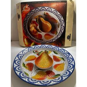Vintage Clay Art Mosaic Pear Chip And Dip 2 Piece Set NEW In Box Hand Painted